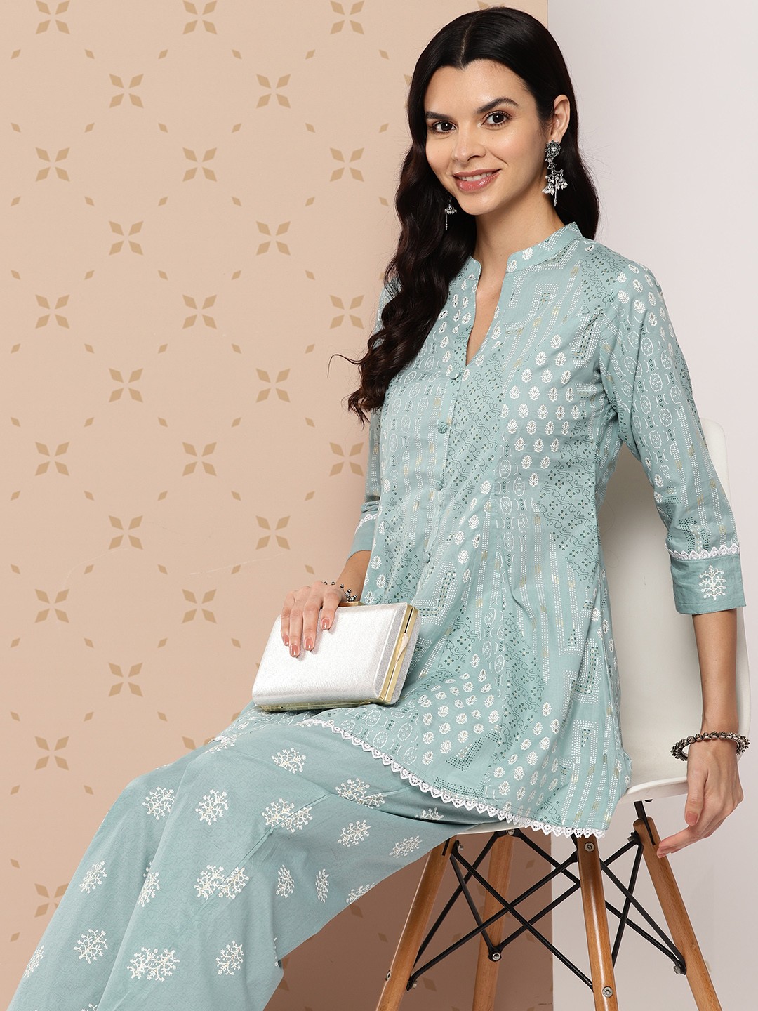 

Yufta Women Printed Pure Cotton Tunic with Palazzos, Sea green