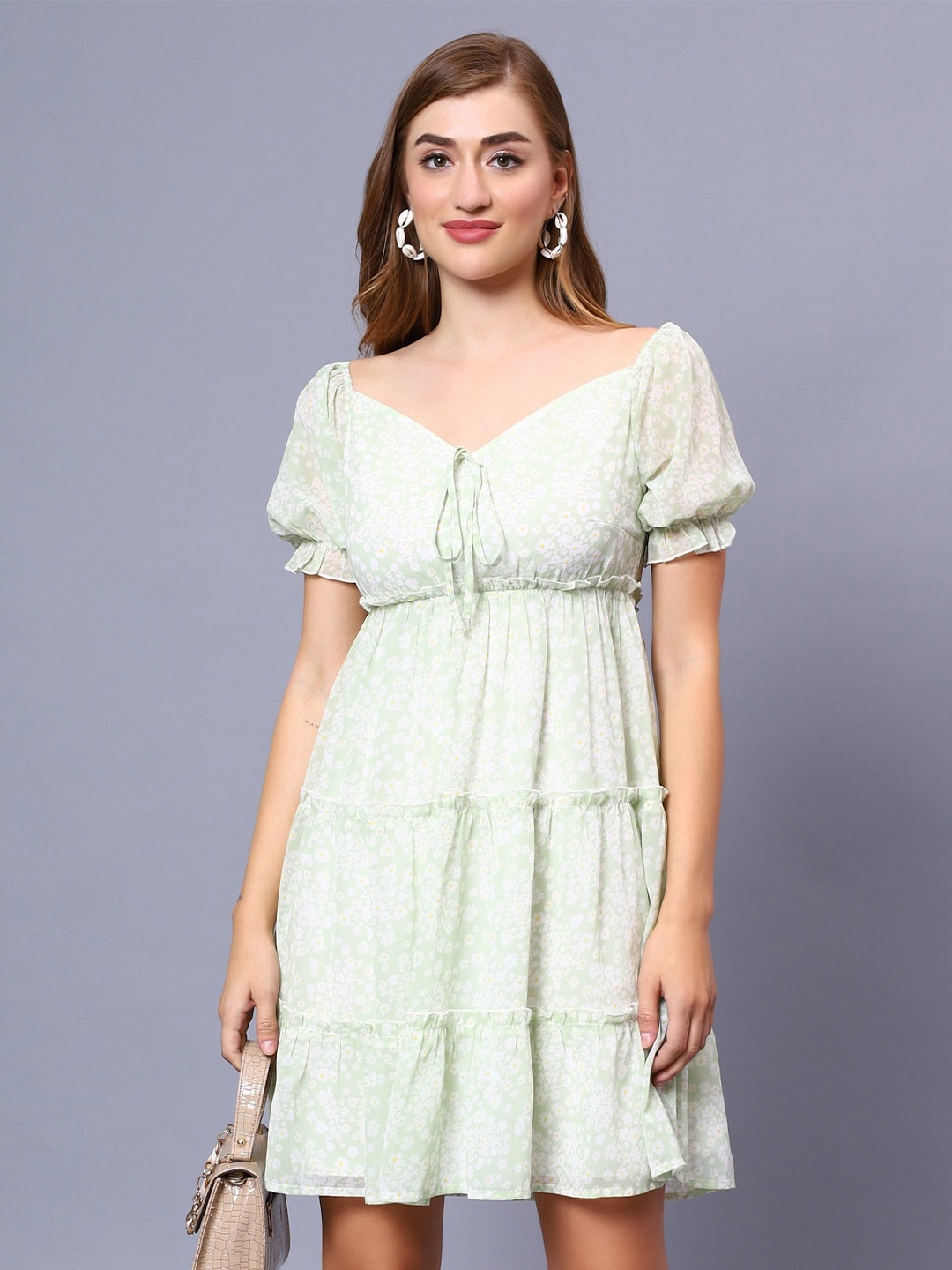 

NUEVOSDAMAS Floral Printed Sweetheart Neck Puff Sleeves Tiered Georgette Empire Dress, Green