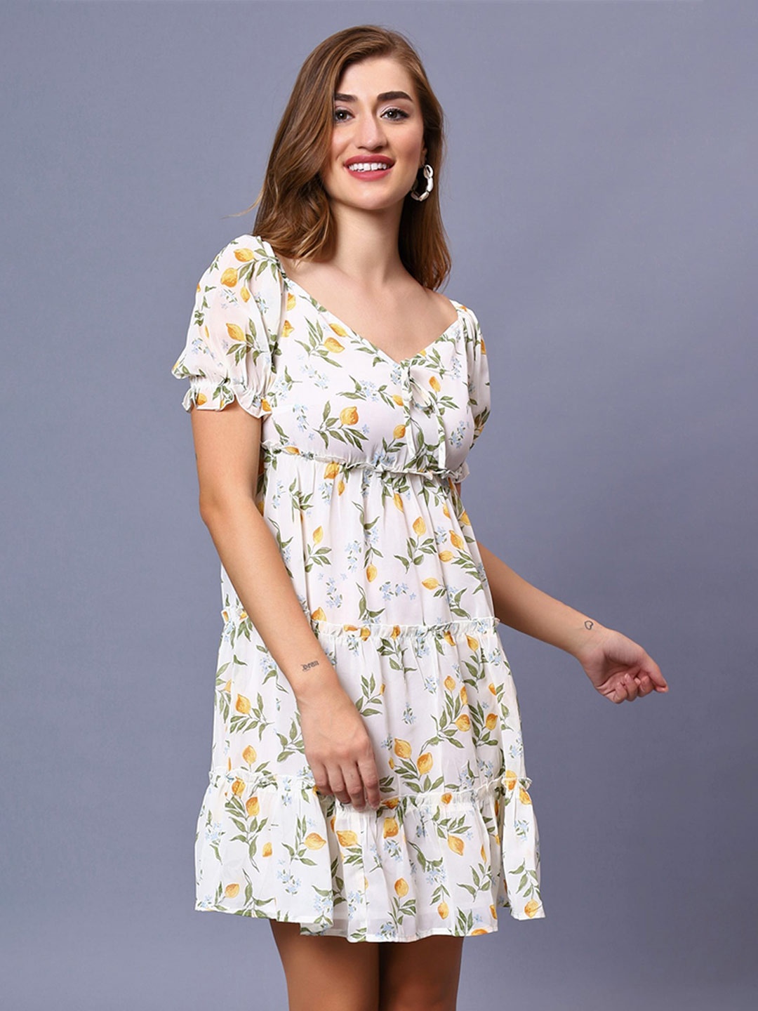 NUEVOSDAMAS Floral Printed Georgette Empire Dress, Off white