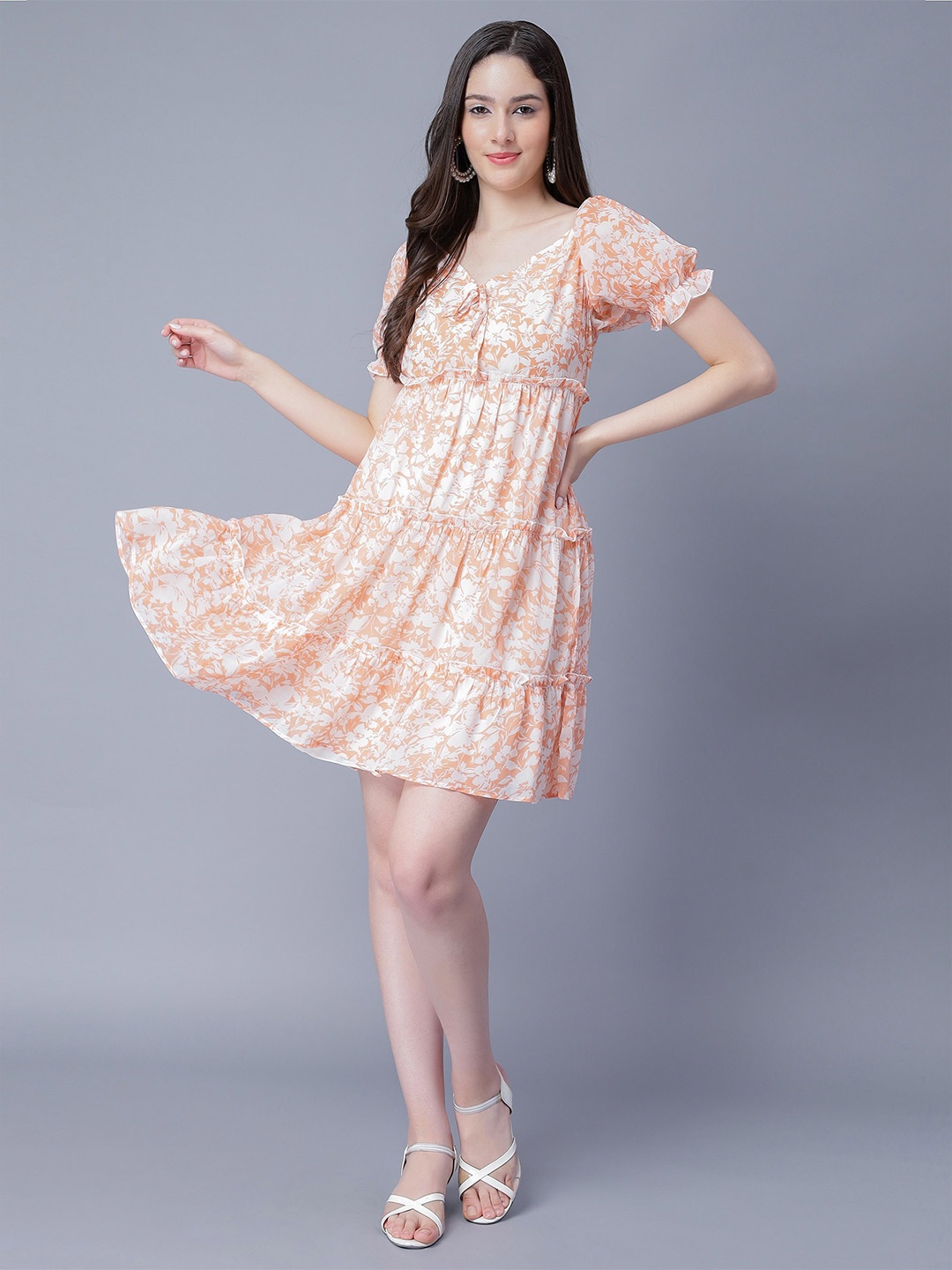 

NUEVOSDAMAS Floral Printed Puff Sleeves Tiered Georgette Fit & Flare Dress, Orange
