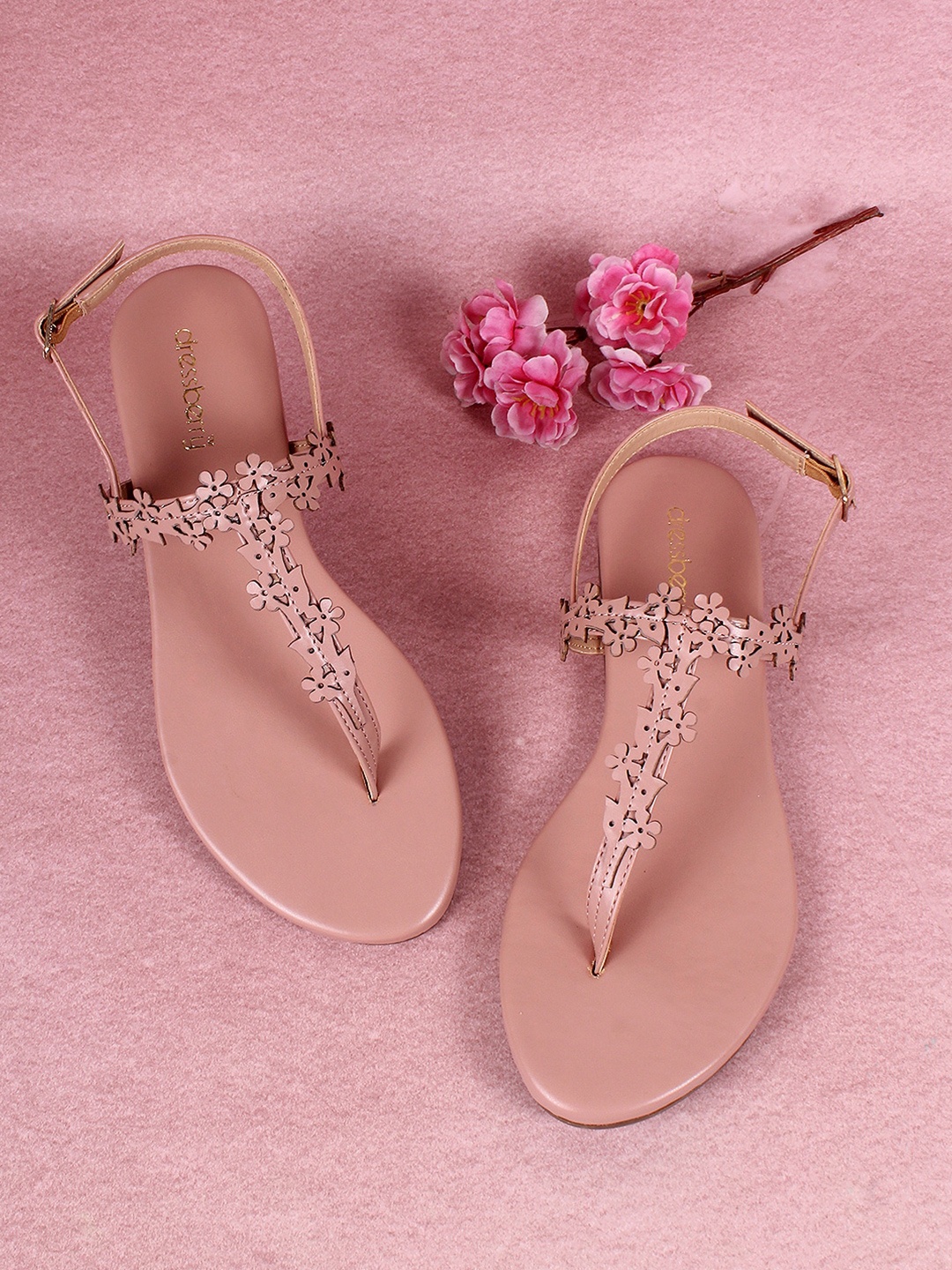 DressBerry Pink Floral Embellished T-Strap Flats