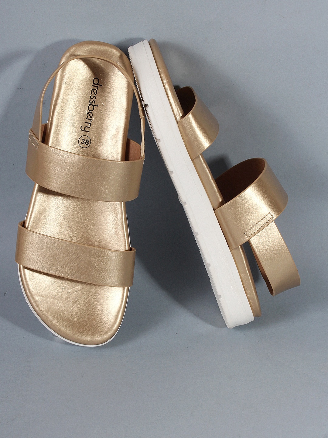 DressBerry Gold-Toned Double Strap Open Toe Flats