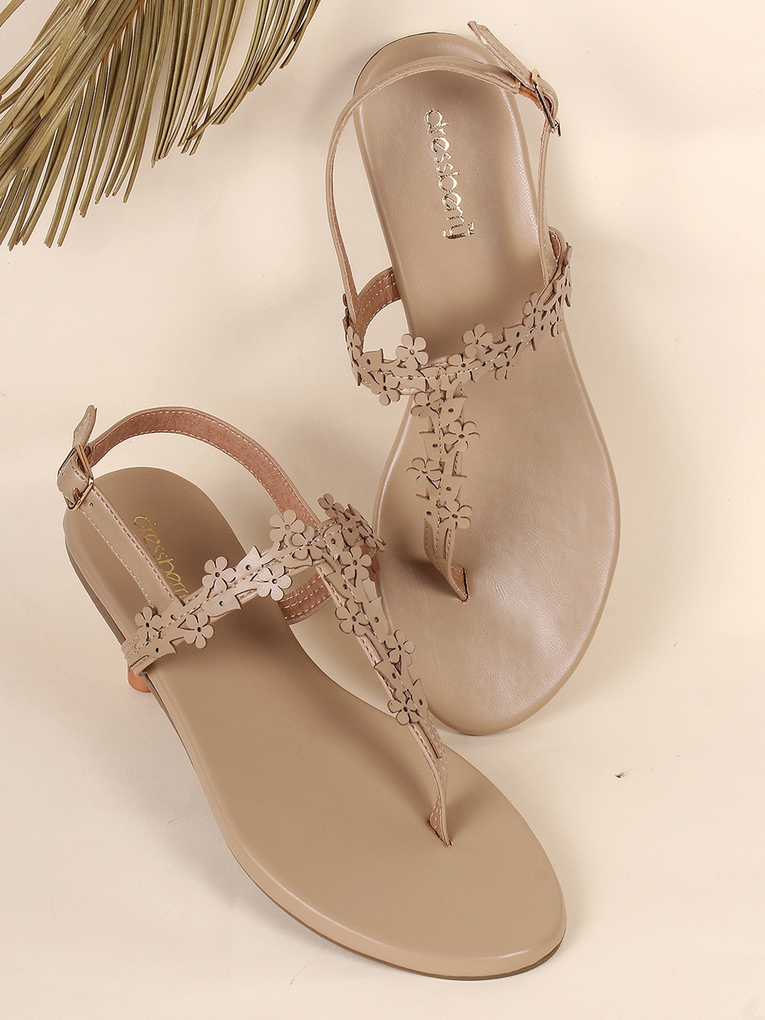 

DressBerry Taupe Floral Embellished T-Strap Flats