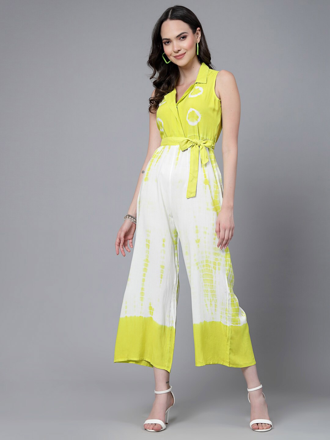 Ramas Tie and Dyed Shirt Collar Waist Tie-Ups Culotte Jumpsuit, Lime green