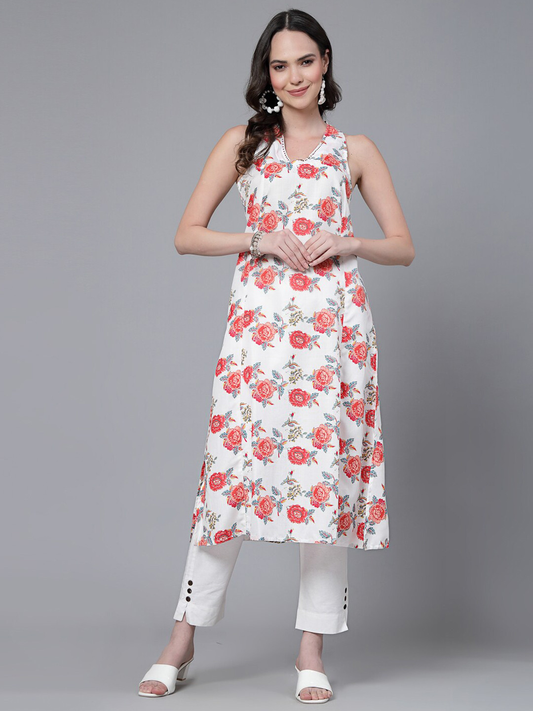 

Ramas Floral Printed V-Neck Sleeveless Kurta, White