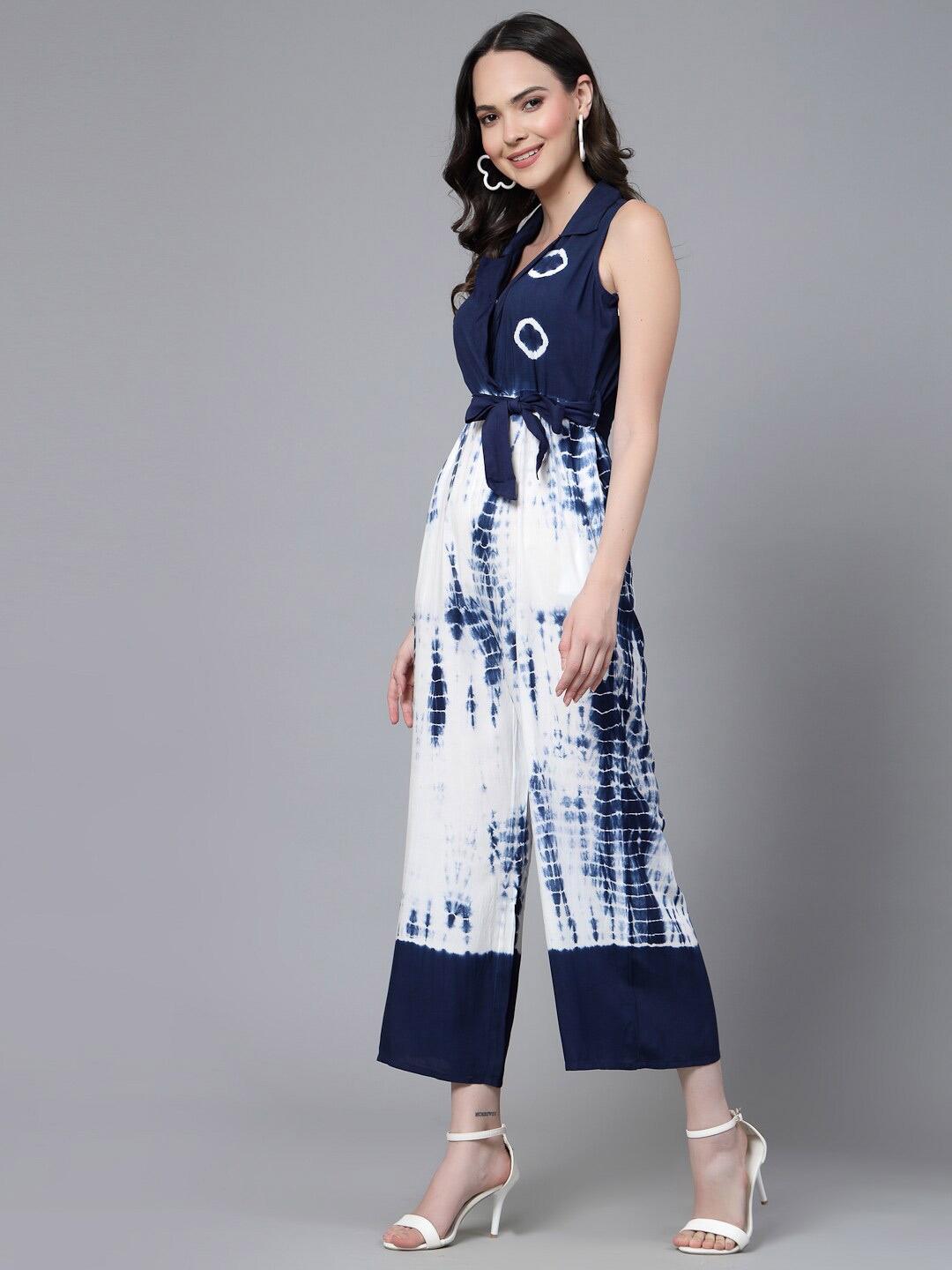 

Ramas Tie and Dyed Shirt Collar Waist Tie-Ups Culotte Jumpsuit, Blue