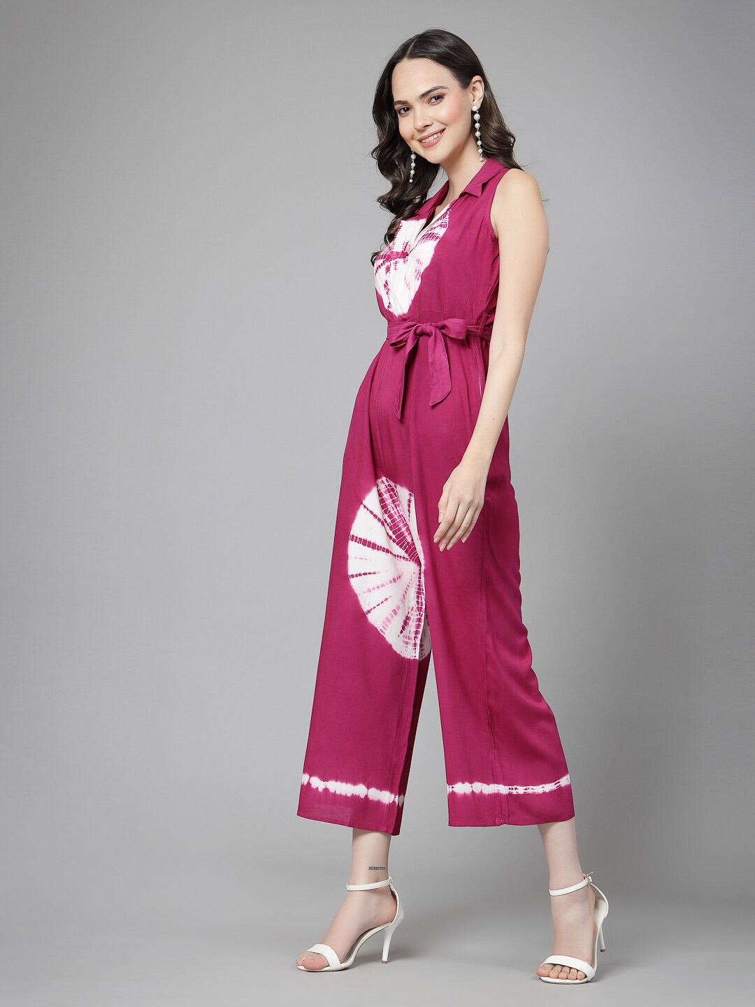 Ramas Tie and Dyed Shirt Collar Waist Tie-Ups Culotte Jumpsuit, Purple