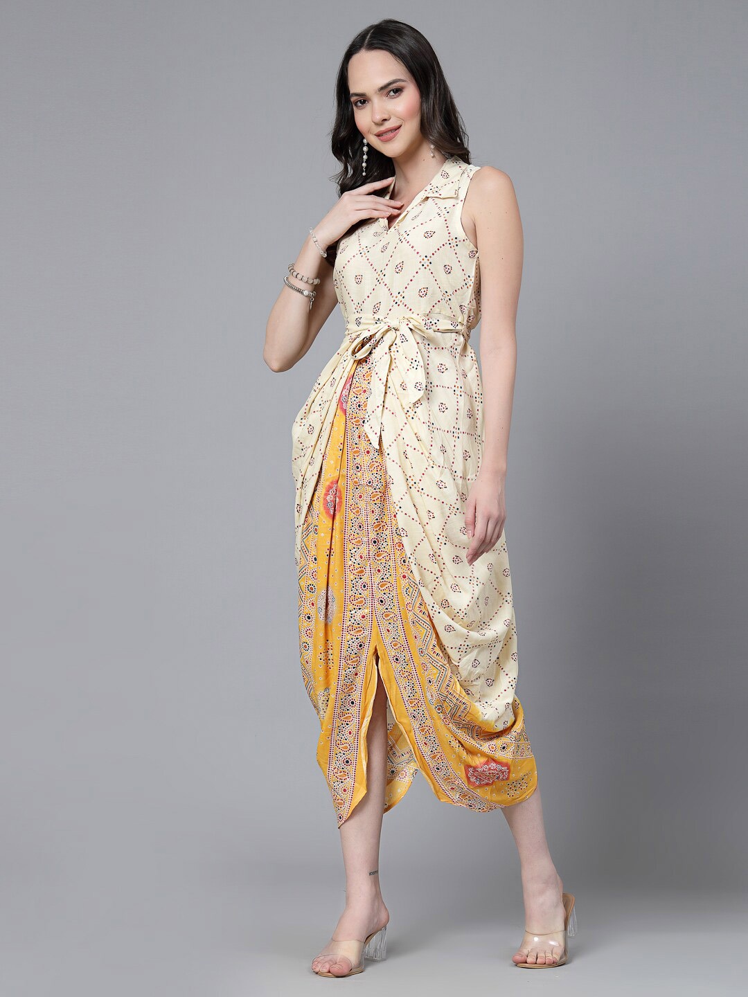 Ramas Ethnic Motifs Printed Shirt Collar Waist Tie-Ups Basic Jumpsuit, Yellow