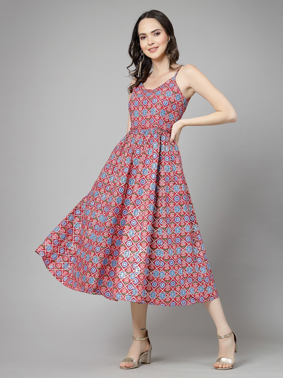 Ramas Ethnic Motifs Printed Shoulder Straps Fit and Flare Midi Dress, Red