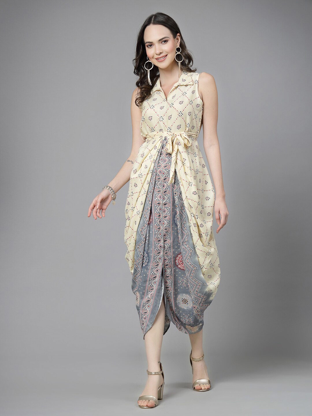 

Ramas Ethnic Motifs Printed Shirt Collar Dhoti Styled Midi Dress, Yellow