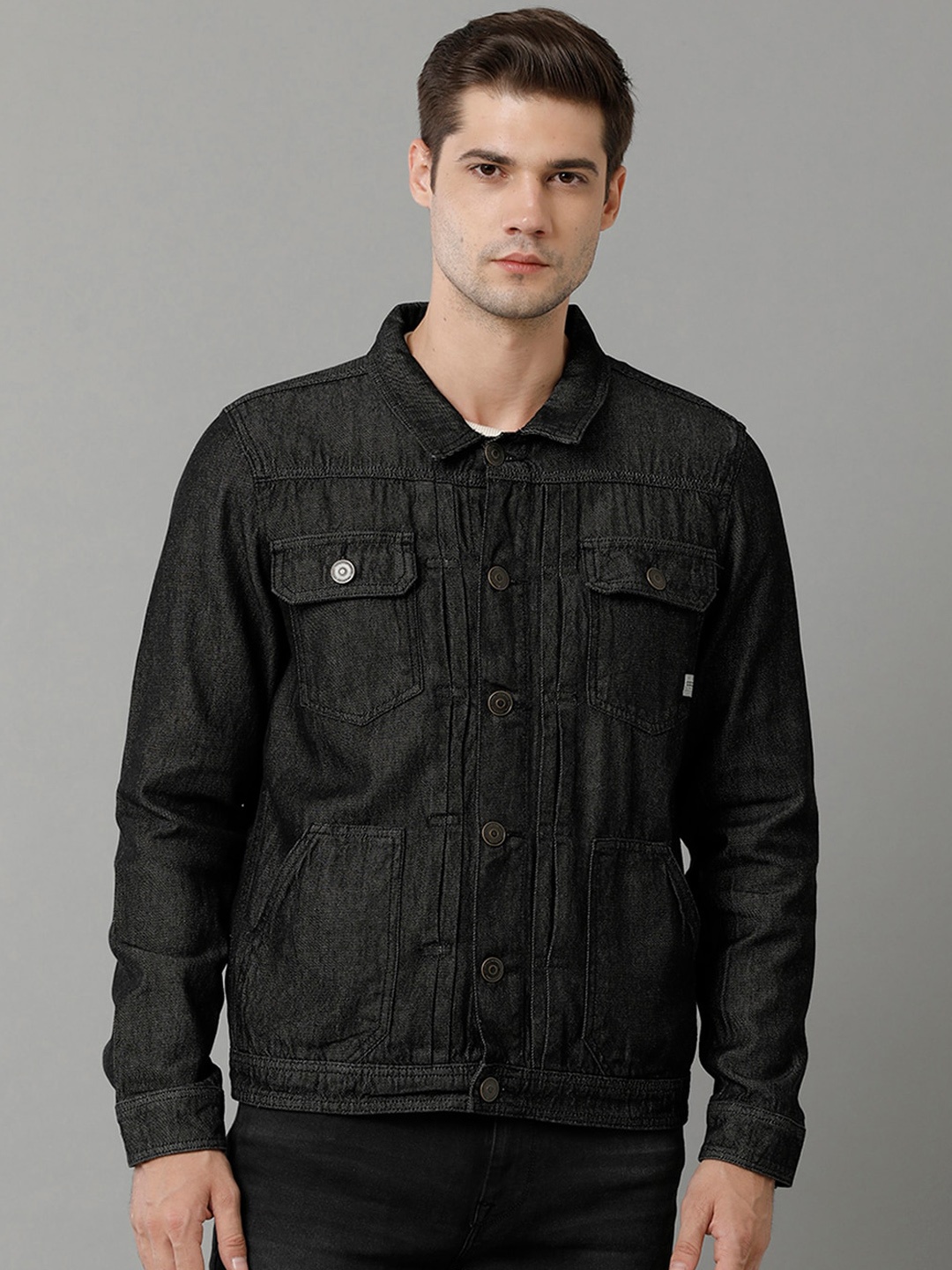 

Voi Jeans Spread Collar Pure Cotton Denim Jacket, Grey
