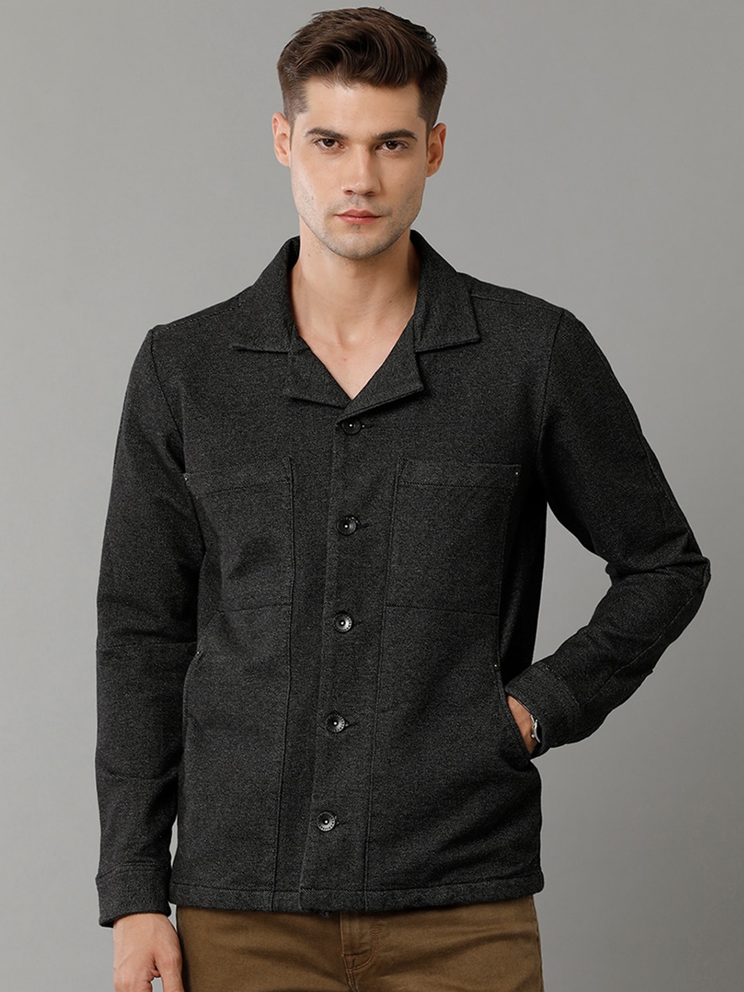

Voi Jeans Self Design Spread Collar Tailored Jacket, Black