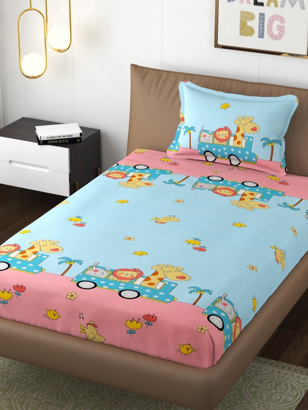 

Bajo's Pink & Blue Graphic Cotton Fitted 210 TC Single Bedsheet With 1 Pillow Cover