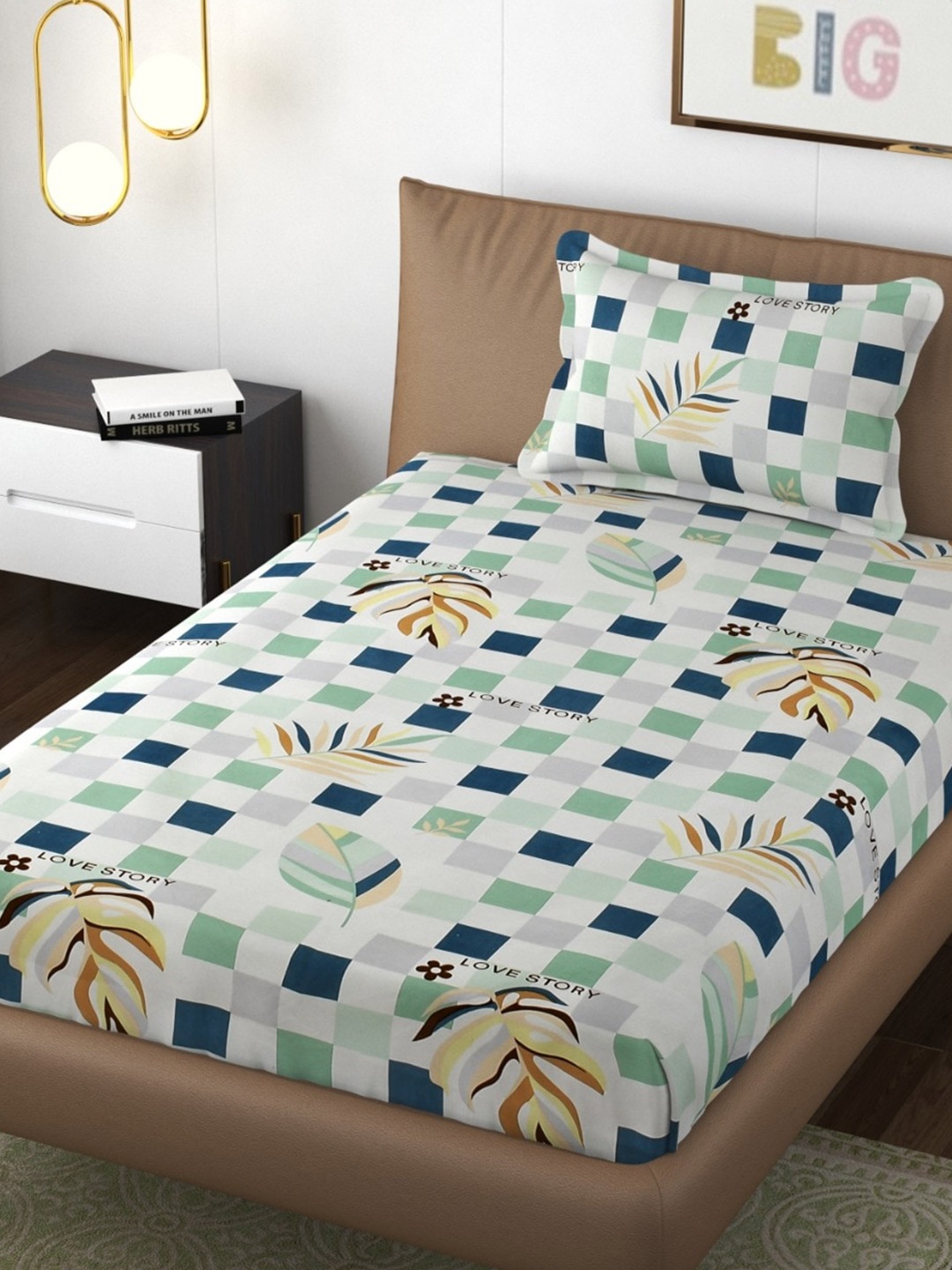 

Bajo's White & Blue Conversational Cotton 210 TC Fitted Single Bedsheet & 1 Pillow Cover
