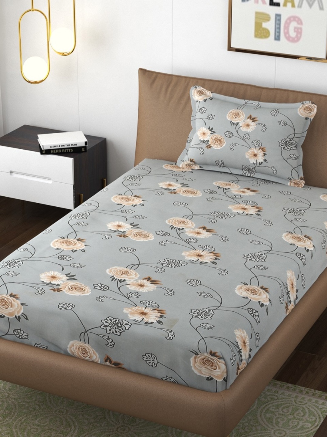 

Bajo's Grey & Pink Floral Cotton 210 TC Fitted Single Bedsheet with 1 Pillow Cover