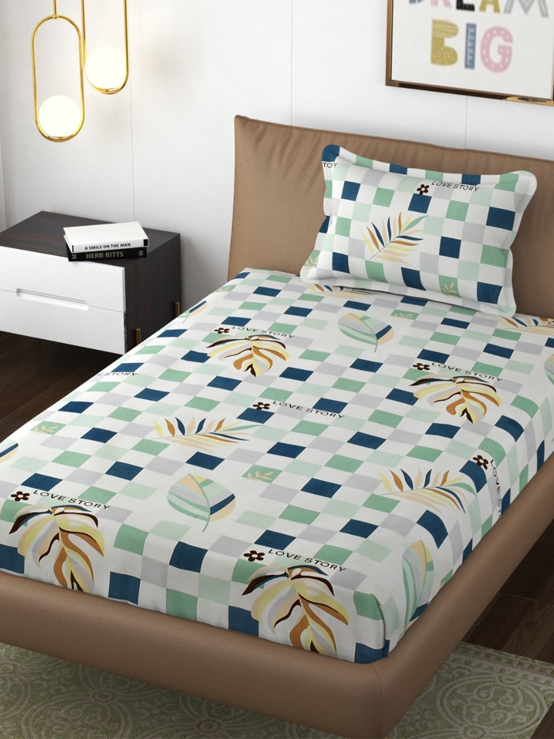 

Bajo's Blue & Green Geometric Cotton 210 TC Fitted Single Bedsheet with 1 Pillow Cover