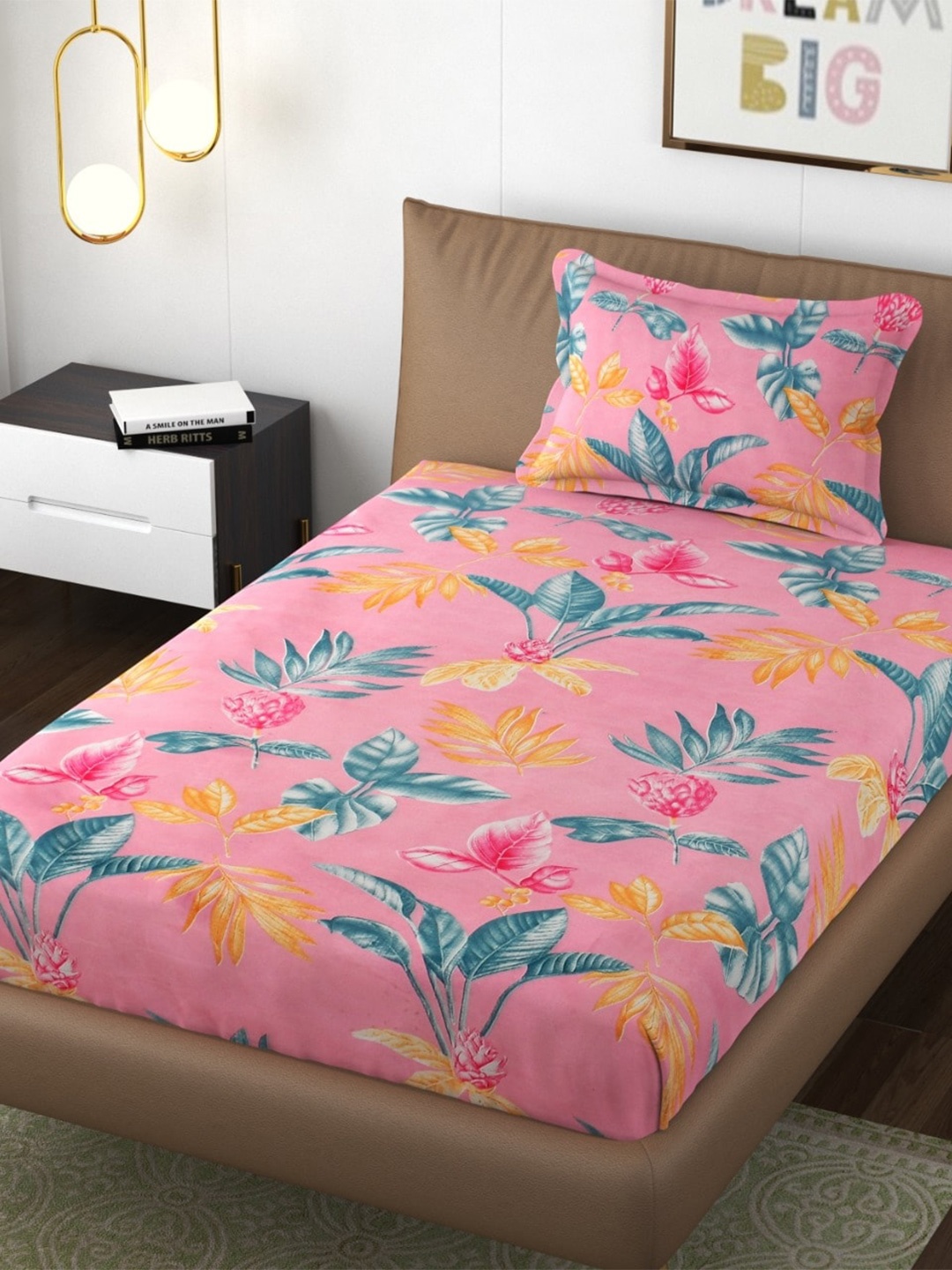 

Bajo's Pink & Yellow Floral Cotton Fitted 210 TC Single Bedsheet With 1 Pillow Cover