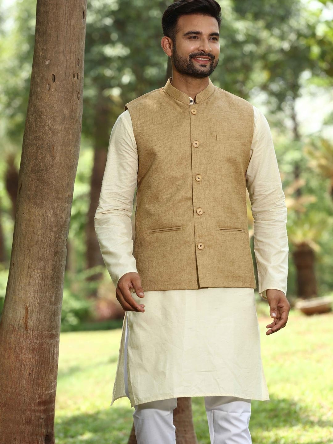 

Authentics Woven Design Nehru Jacket, Gold