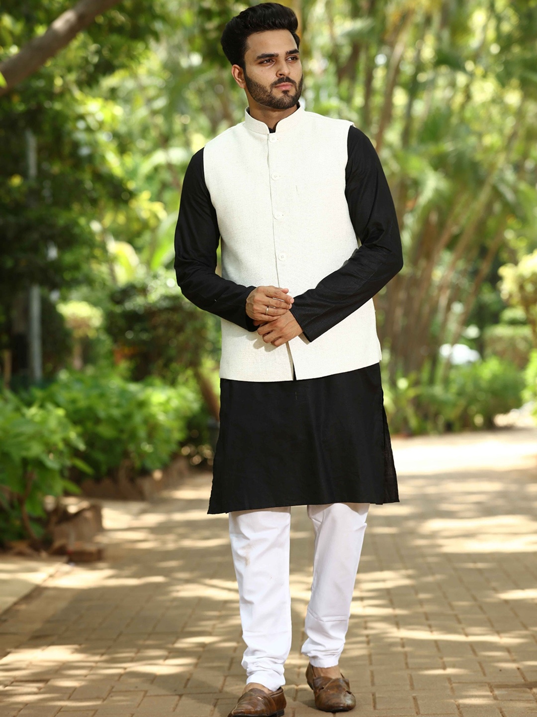 

Authentics Woven Design Nehru Jacket, Cream