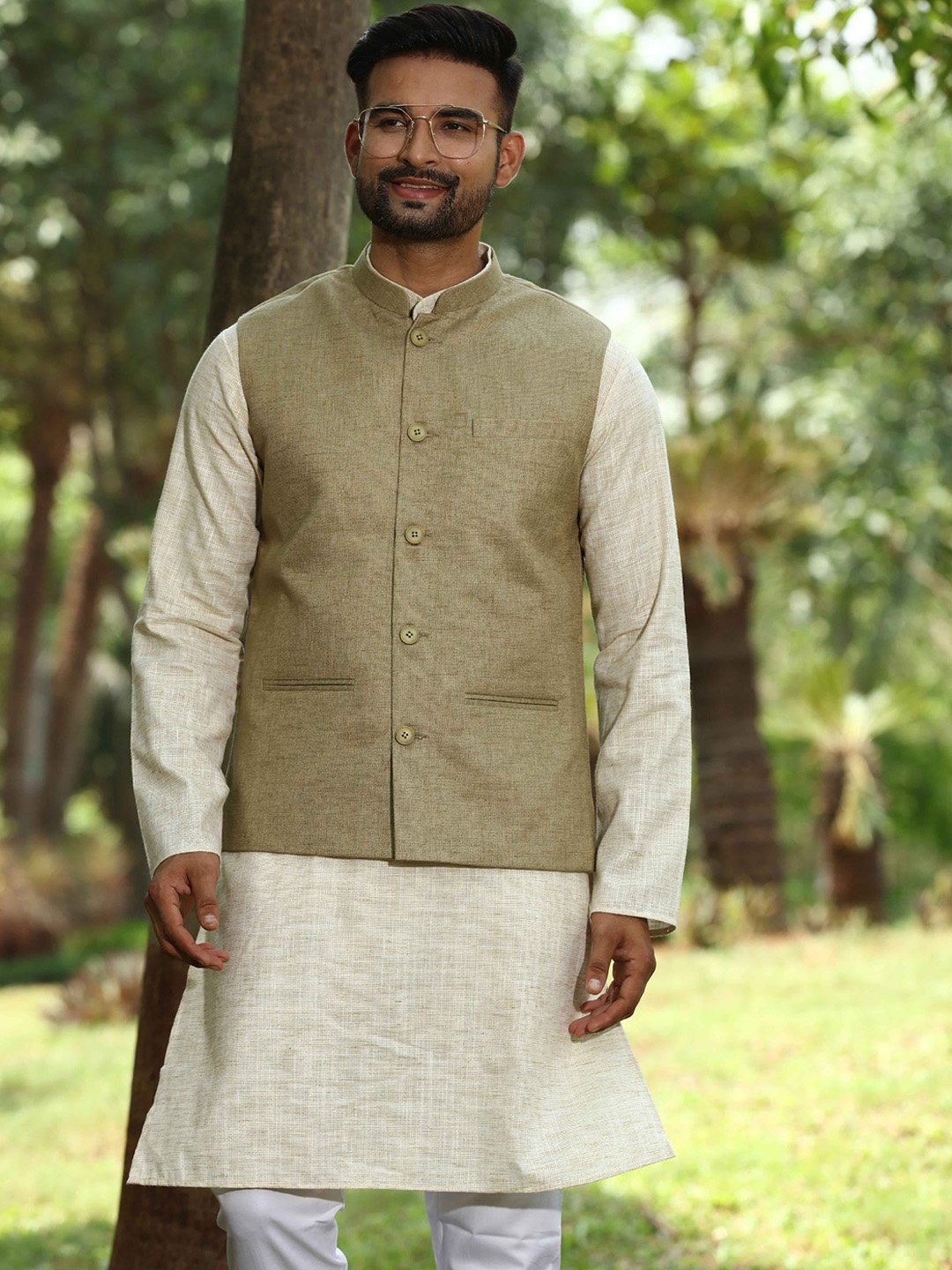 

Authentics Woven Design Nehru Jacket, Olive