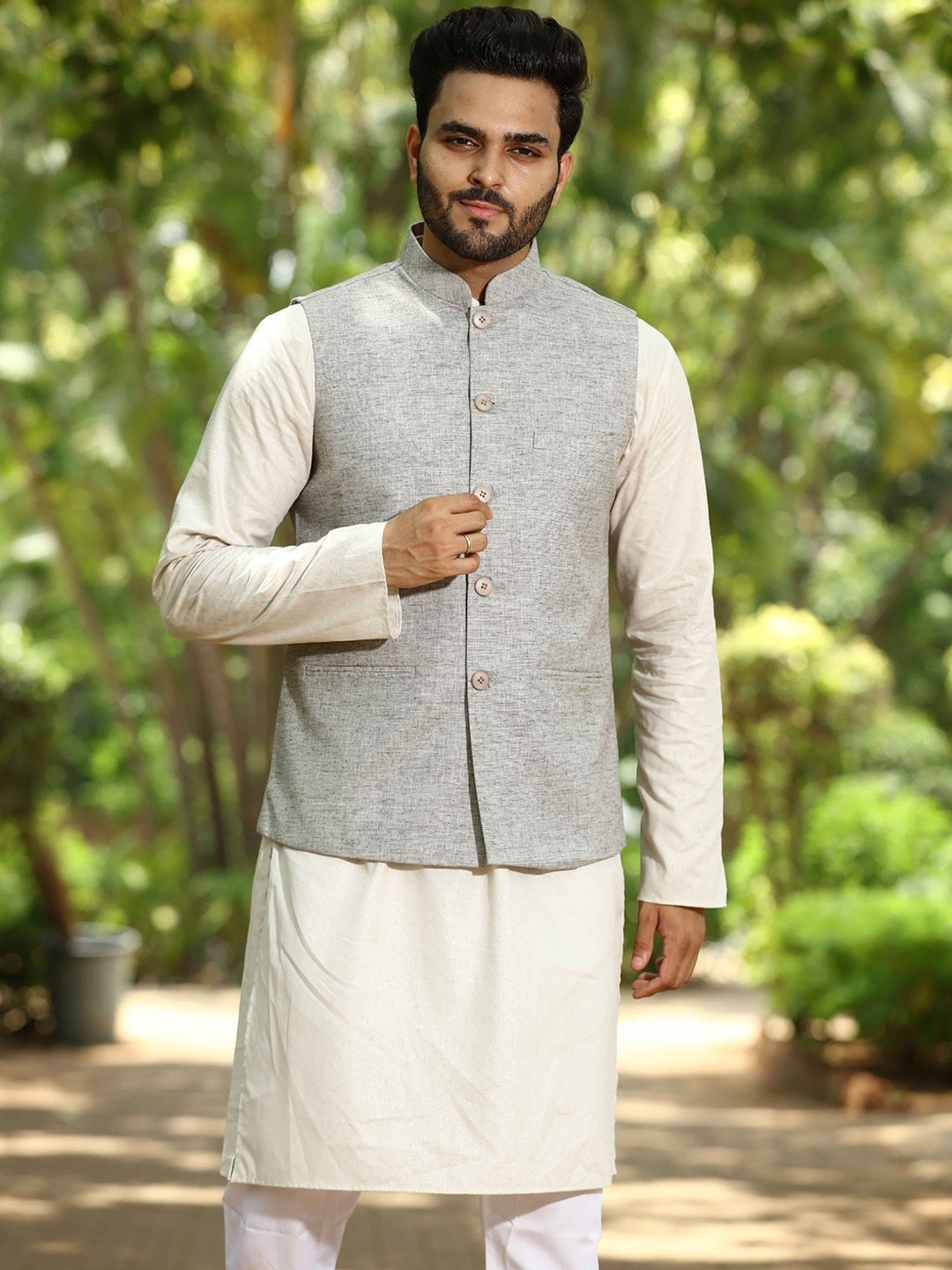 

Authentics Woven Design Nehru Jacket, Grey