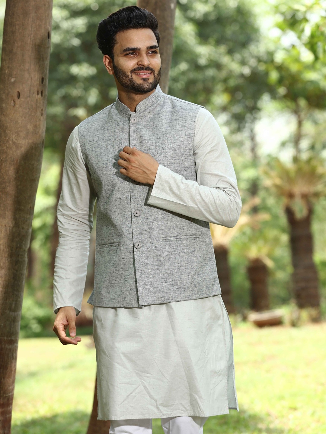 

Authentics Woven Design Nehru Jacket, Grey
