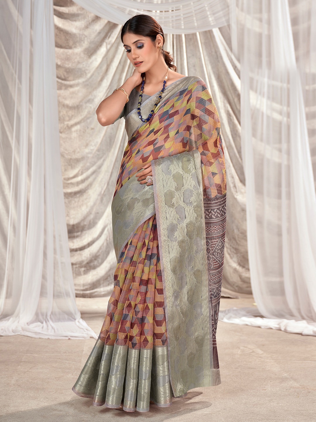 

Saree mall Geometric Woven Design Zari Organza Banarasi Sarees, Brown