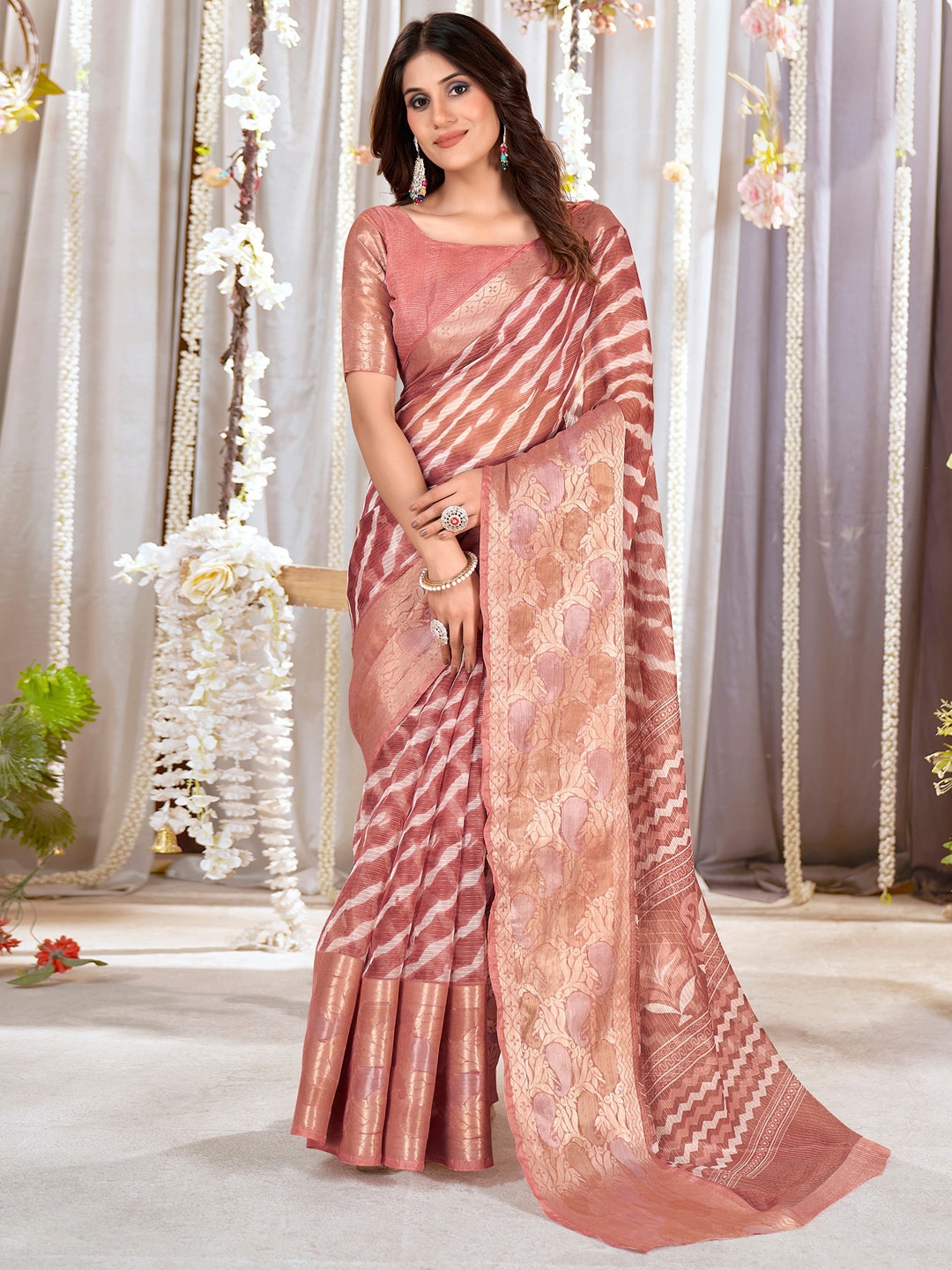 

Saree mall Leheriya Woven Design Zari Organza Banarasi Saree, Peach