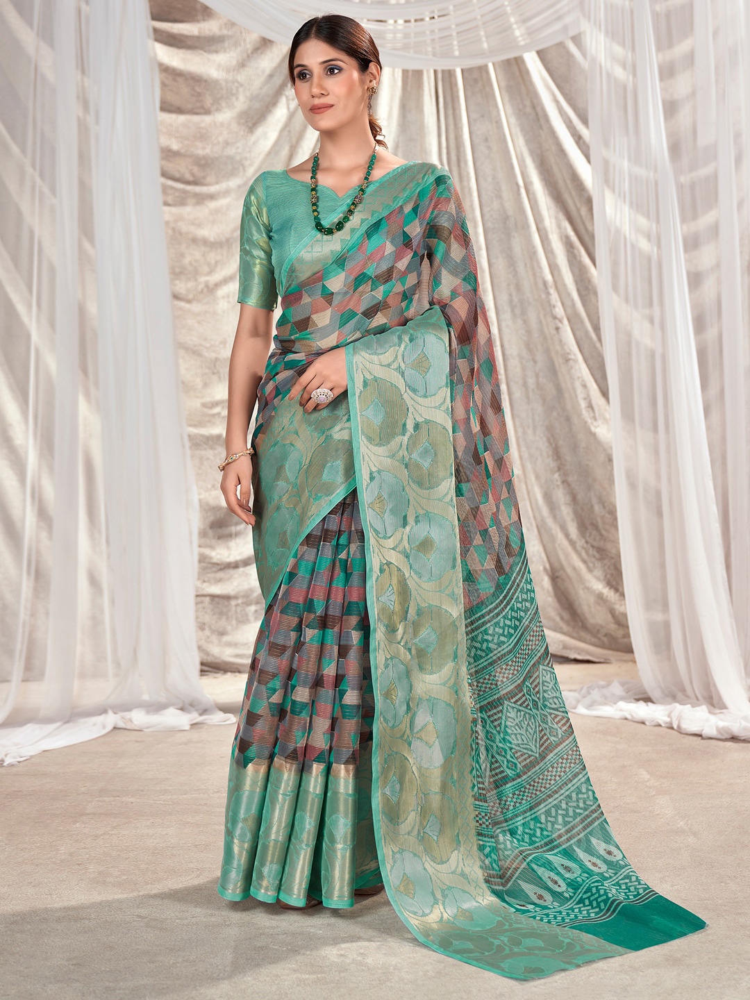 

Saree mall Geometric Woven Design Zari Organza Banarasi Sarees, Grey