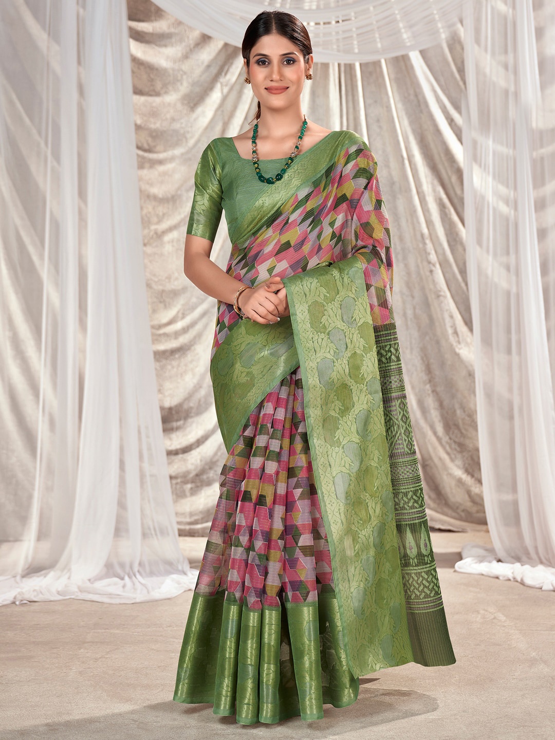 

Saree mall Geometric Printed Zari Organza Banarasi Saree, Pink