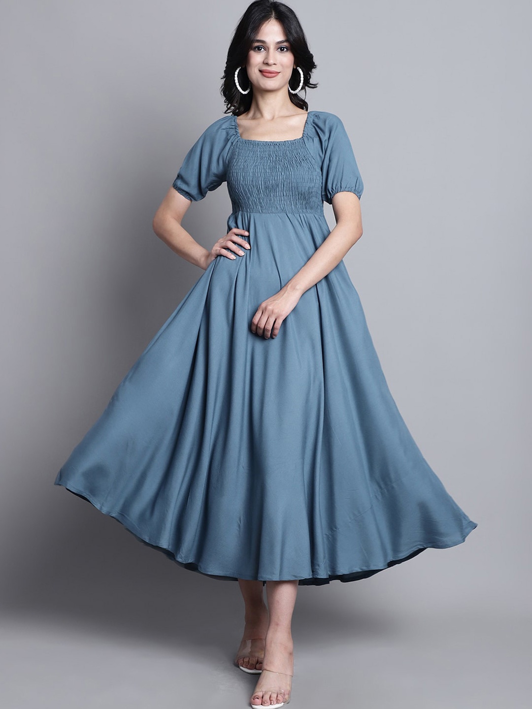 

Aawari Smocked Detailed Square Neck Puff Sleeves A-Line Midi Dress, Blue