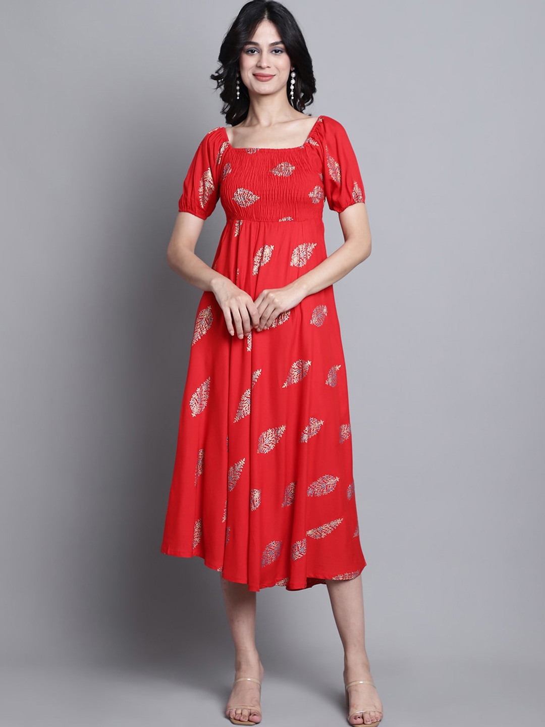 

Aawari Ethnic Motif Printed Square Neck Smocked Puff Sleeve Midi Ethnic Dress, Red