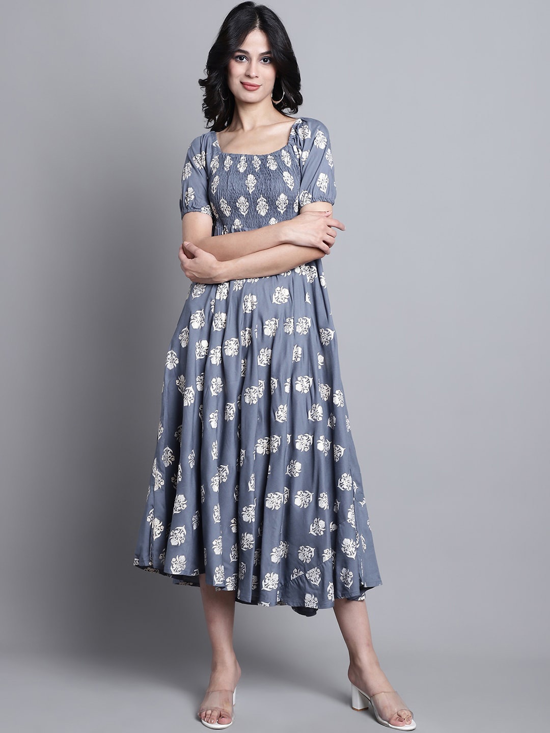 

Aawari Ethnic Motif Printed Square Neck Smocked Puff Sleeve Midi Ethnic Dress, Grey