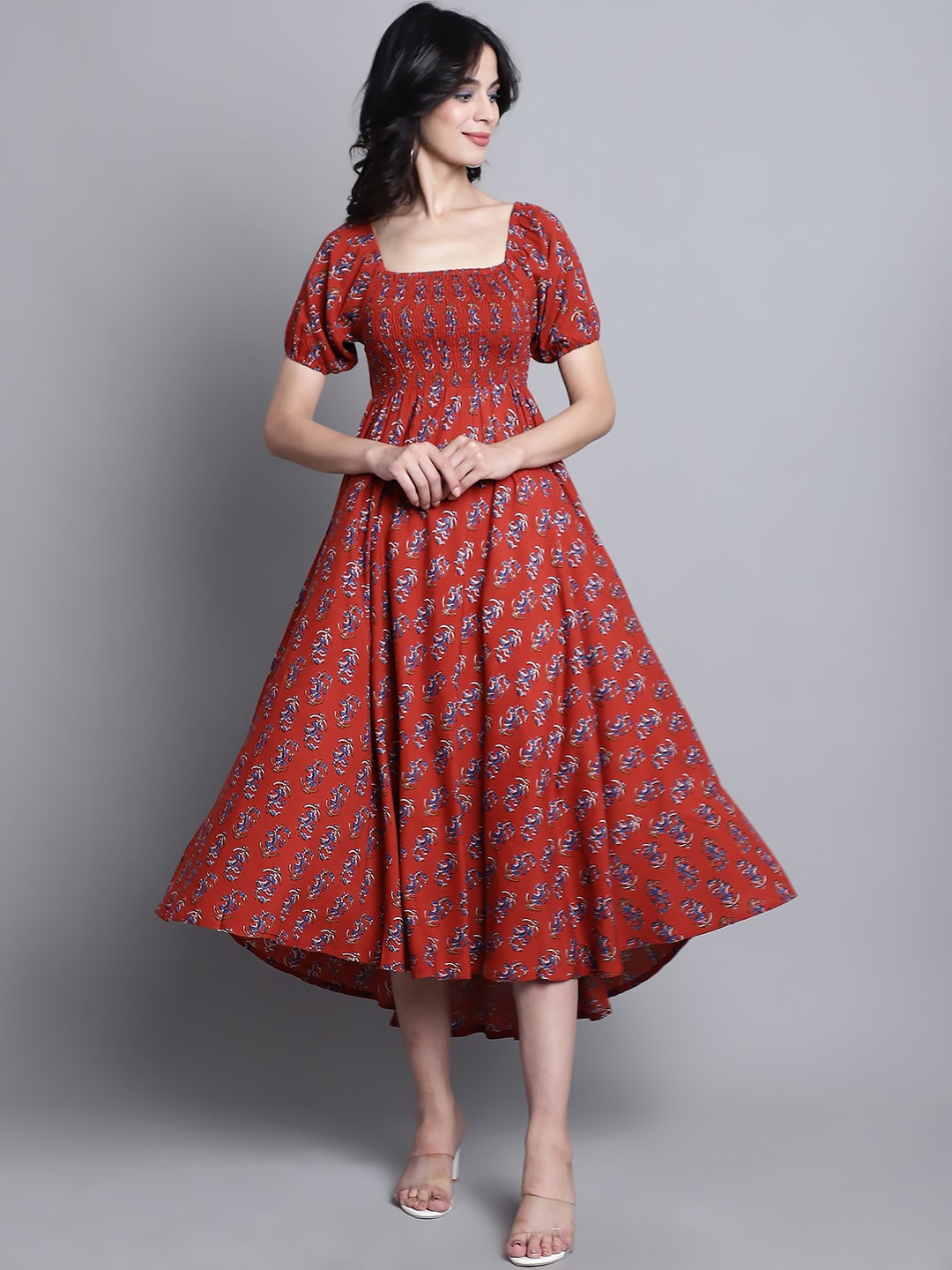 

Aawari Ethnic Motifs Print Puff Sleeve Fit & Flare Midi Dress, Red