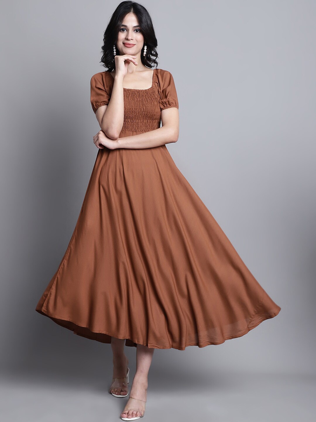 

Aawari Square Neck Smocked Puff Sleeve Midi Empire Dress, Coffee brown