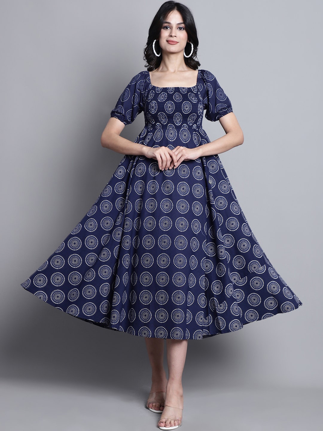 

Aawari Ethnic Motif Printed Square Neck Smocked Puff Sleeve Midi Ethnic Dress, Blue