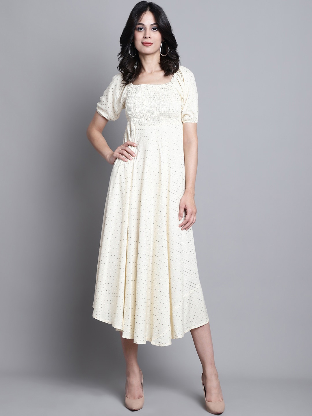 

Aawari Smocked Detailed Square Neck Puff Sleeves A-Line Midi Dress, Cream