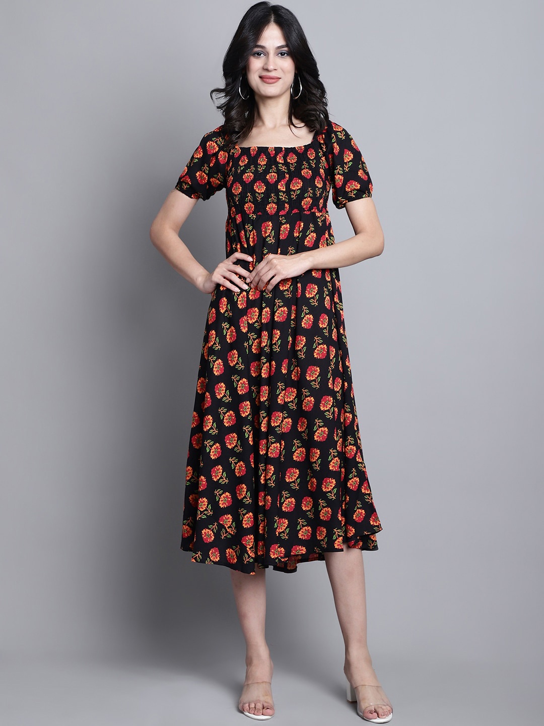 

Aawari Floral Printed Smocked Detailed Square Neck Puff Sleeves A-Line Midi Dress, Black