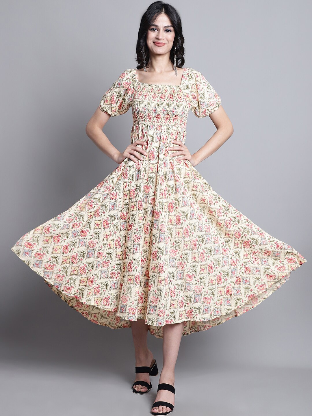 

Aawari Floral Print Puff Sleeve Fit & Flare Midi Dress, Cream