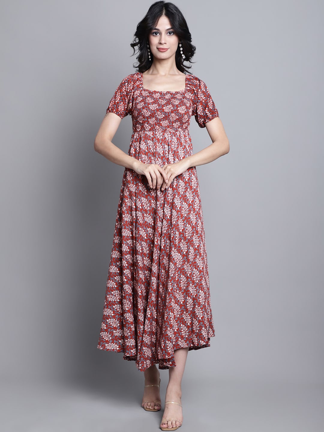 

Aawari Ethnic Motif Printed Square Neck Smocked Puff Sleeve Midi Ethnic Dress, Maroon