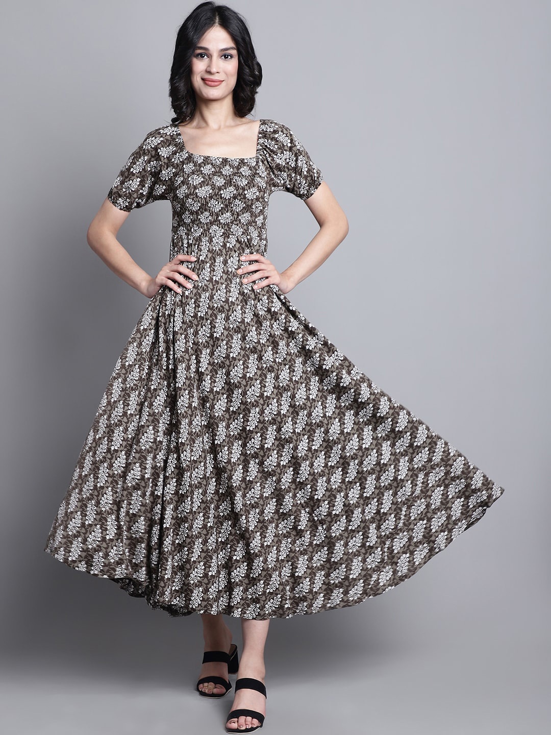 

Aawari Ethnic Motifs Printed Square Neck Puff Sleeve Smocked Fit & Flare Midi Dress, Grey