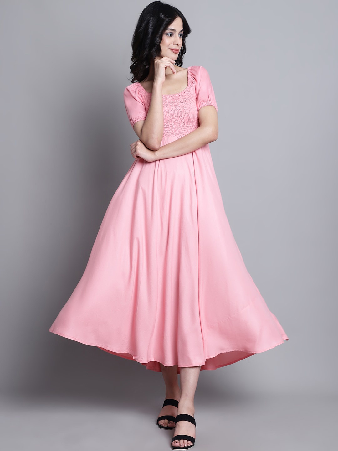 

Aawari Smocked Detailed Square Neck Puff Sleeves A-Line Midi Dress, Pink