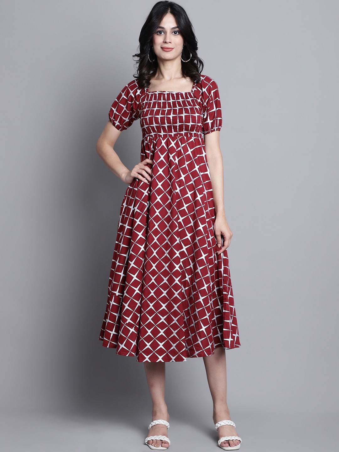 

Aawari Geometric Printed Square Neck Puff Sleeve Smocked Fit & Flare Midi Dress, Maroon