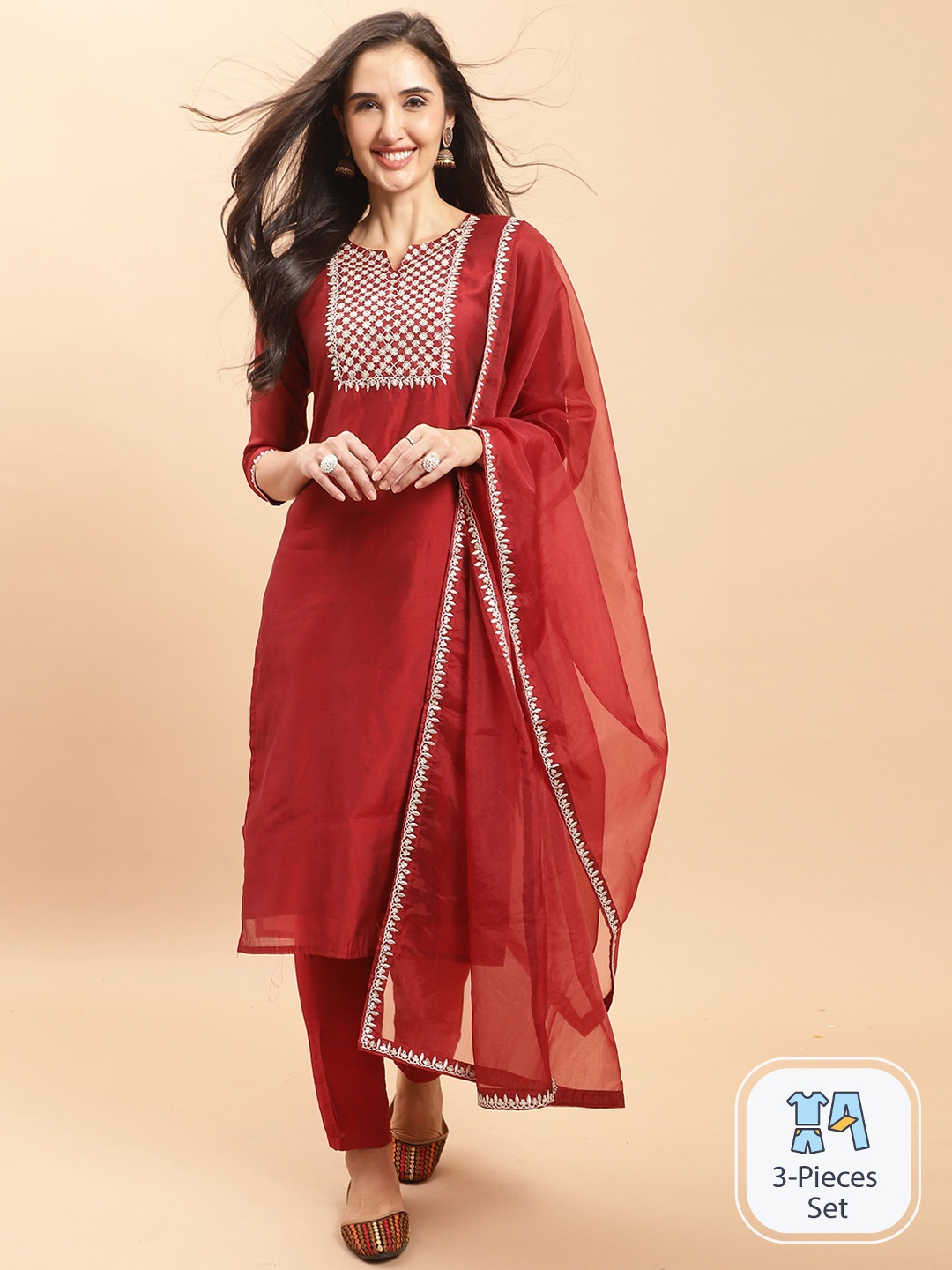 

Rajnandini Ethnic Motifs Yoke Design Sequinned Chanderi Silk Kurta With Trousers & Dupatta, Red