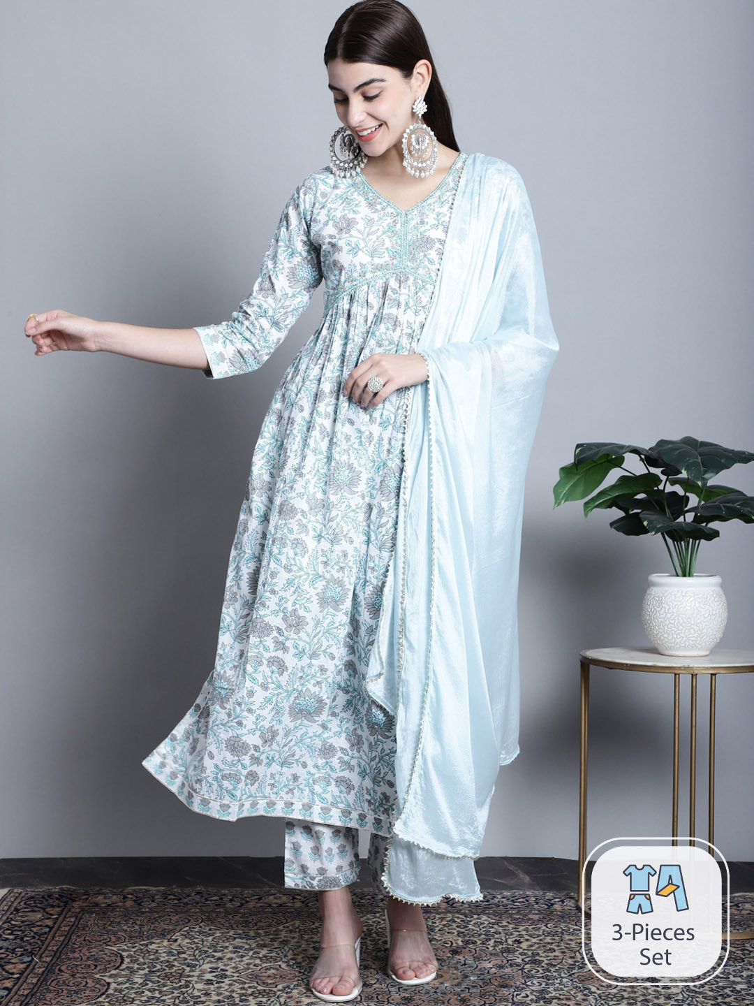

Rajnandini Floral Printed Gotta Patti Pure Cotton Kurta With Trousers & Dupatta, White