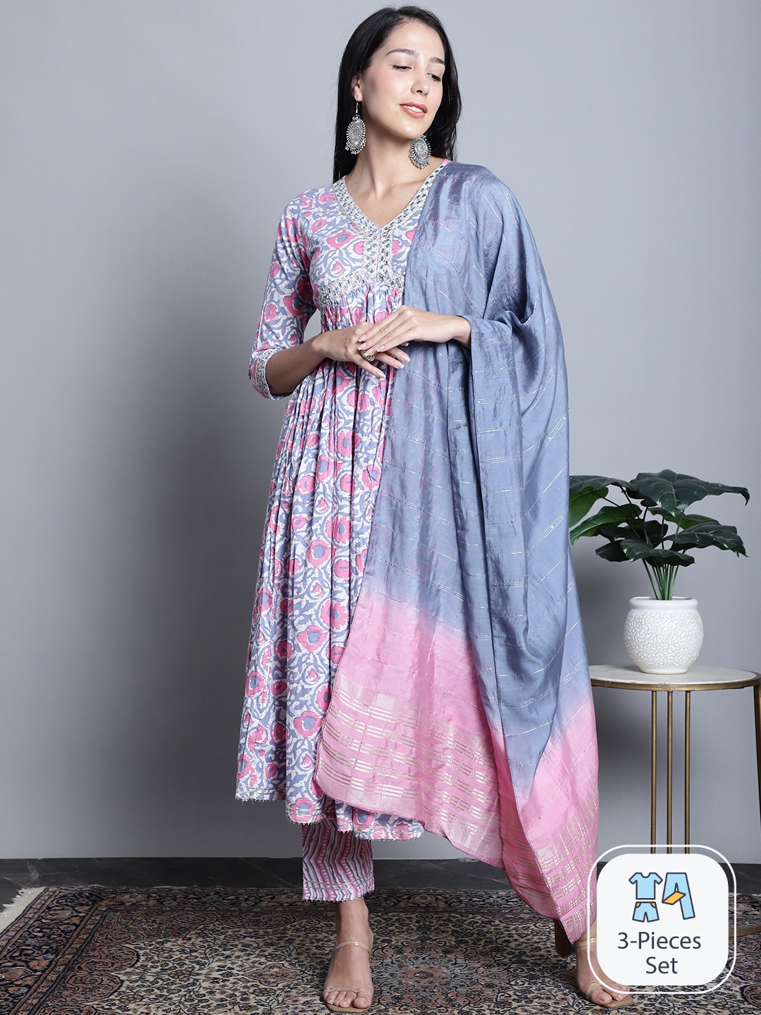 

Rajnandini Floral Printed Pure Cotton Anarkali Kurta & Palazzos With Dupatta, Pink