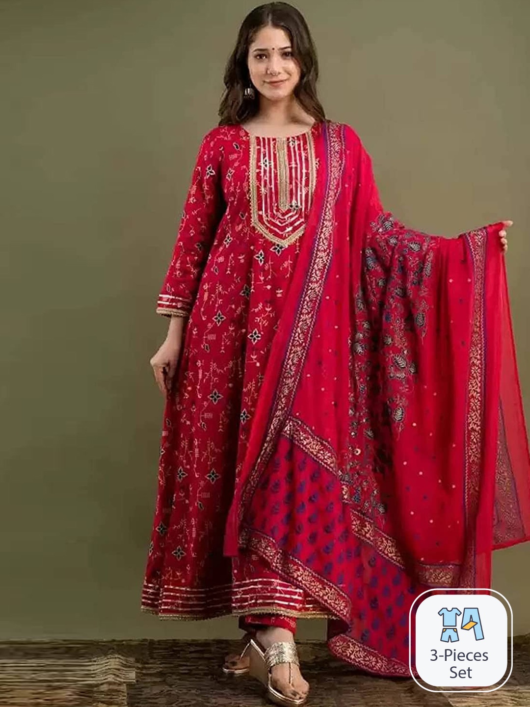

KALINI Floral Printed Gotta Patti Anarkali Kurta With Palazzos & Dupatta, Red