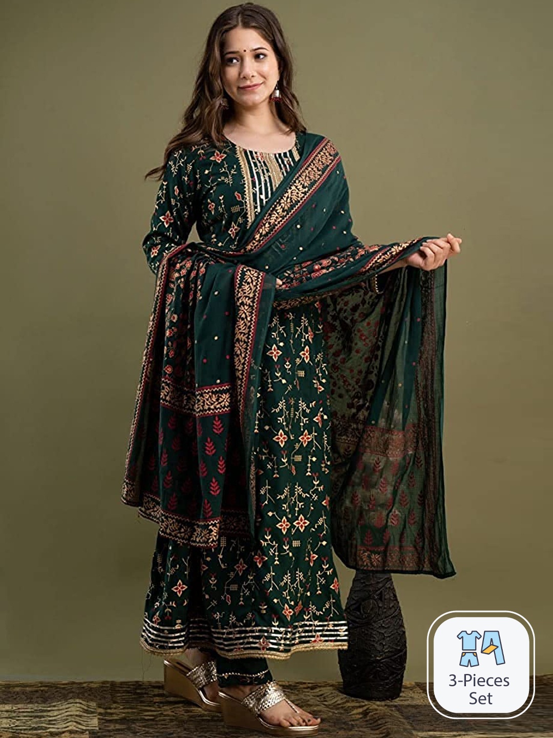 

KALINI Floral Printed Gotta Patti Anarkali Kurta & Palazzos With Dupatta, Green