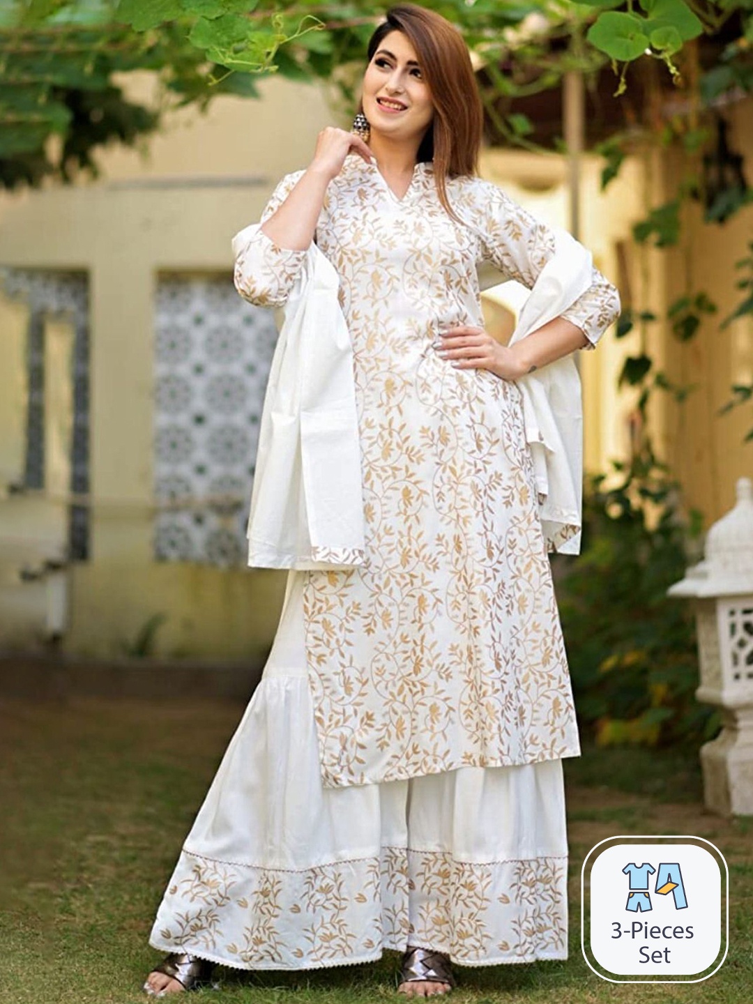 

KALINI Floral Printed Mandarin Collar Regular Kurta With Sharara & Dupatta, White