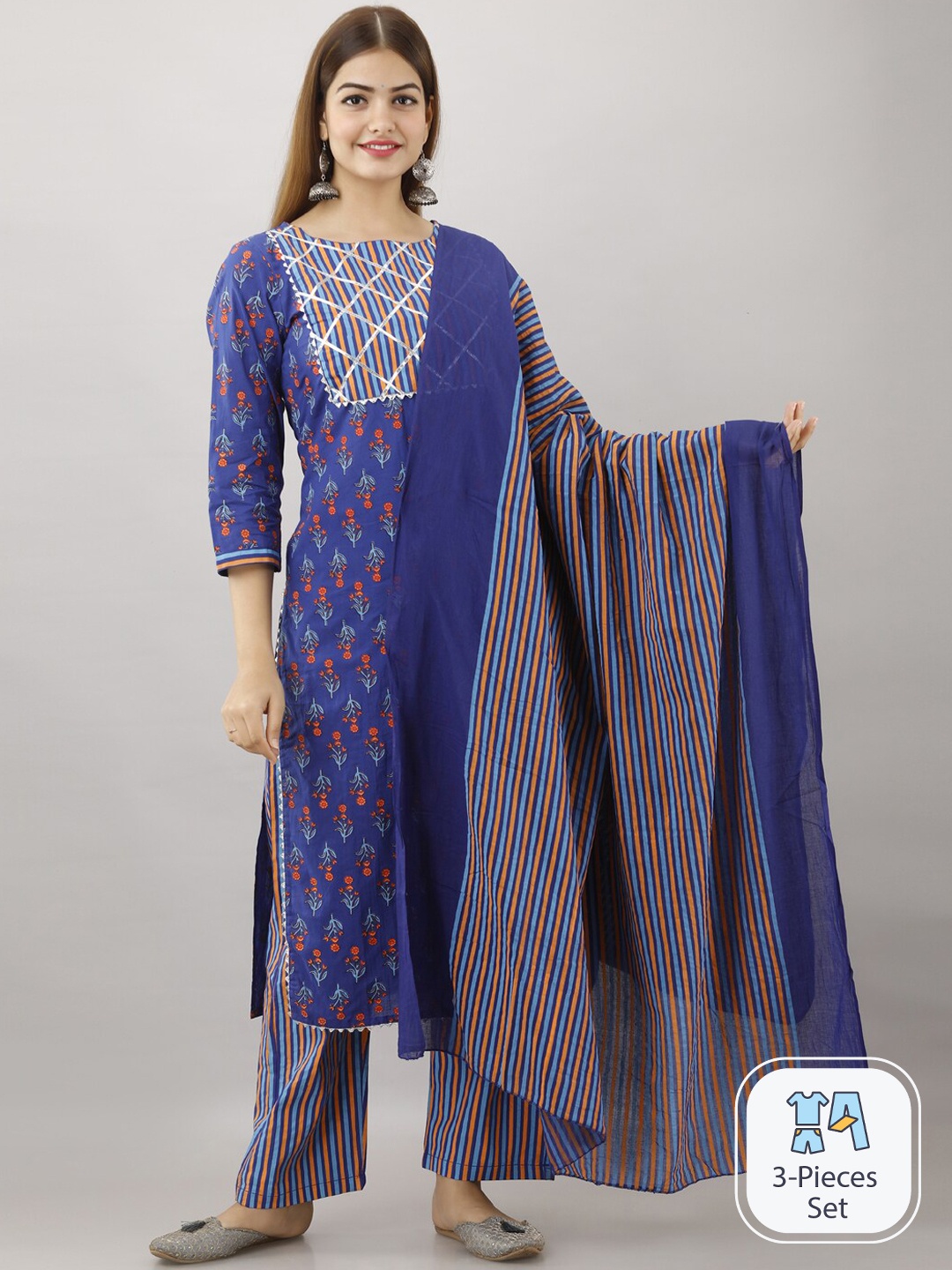 

KALINI Floral Printed Regular Gotta Patti Pure Cotton Kurta With Trousers & Dupatta, Blue